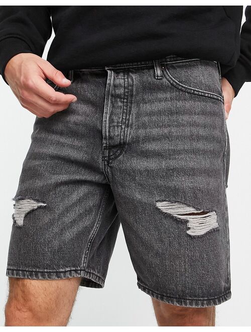 Jack & Jones Intelligence loose fit denim shorts with rips in washed black