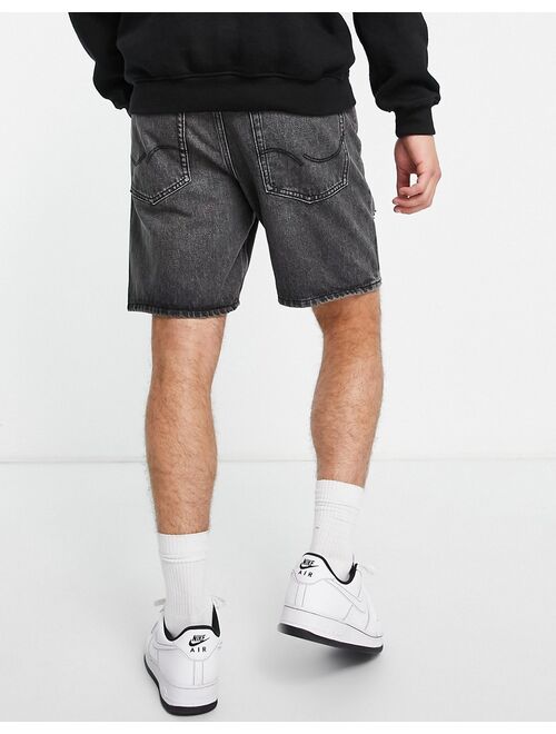 Jack & Jones Intelligence loose fit denim shorts with rips in washed black