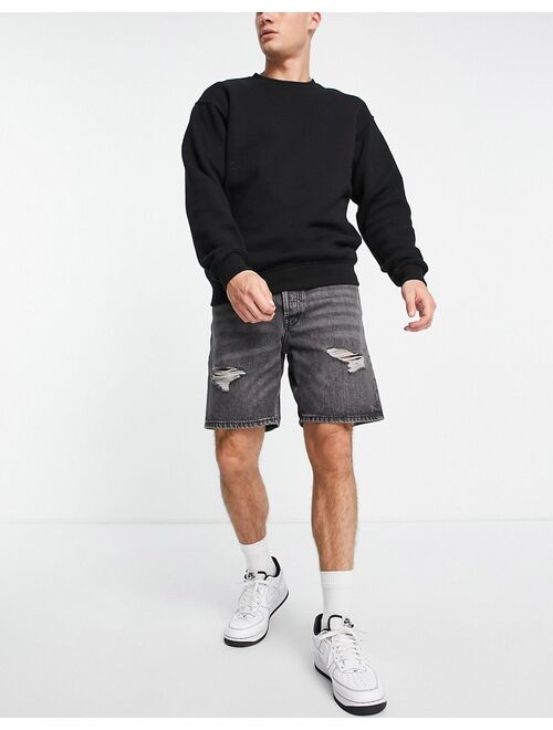 Jack & Jones Intelligence loose fit denim shorts with rips in washed black