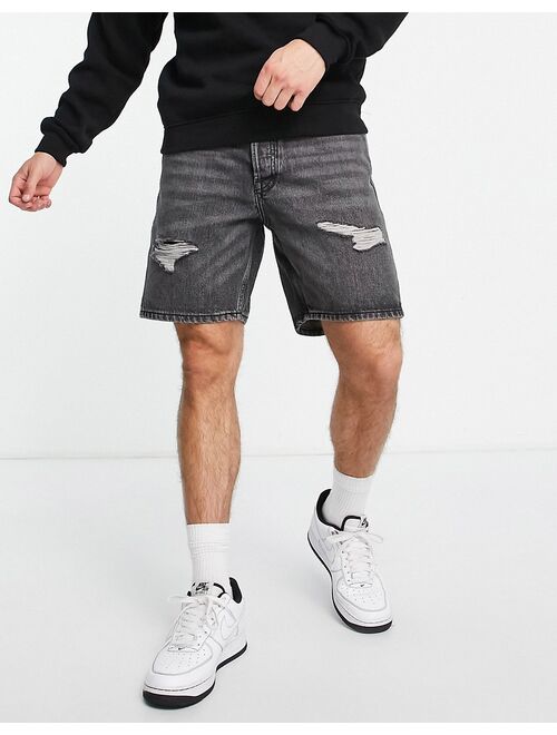 Jack & Jones Intelligence loose fit denim shorts with rips in washed black