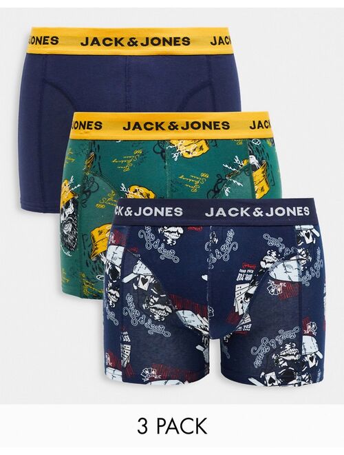 Jack & Jones 3 pack trunks in skull print in navy