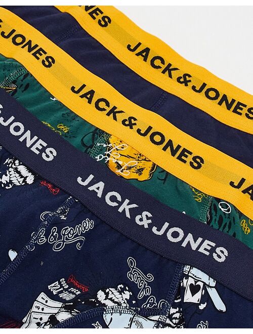 Jack & Jones 3 pack trunks in skull print in navy