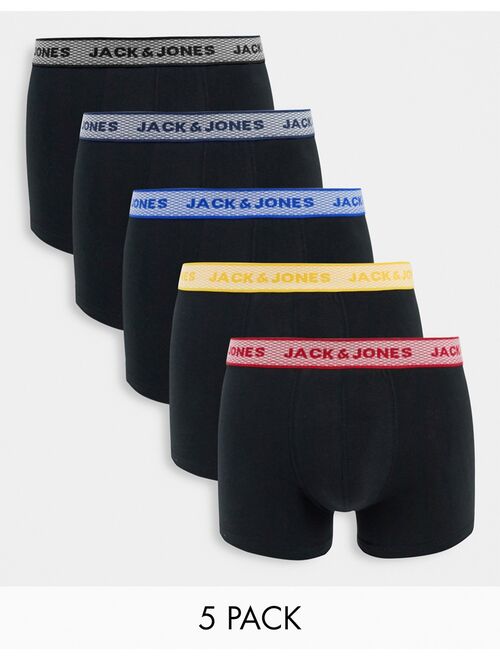 Jack & Jones 5 pack trunks with contrast waistband in black