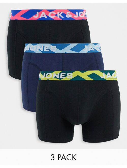 Jack & Jones 3 pack trunks with contrast waistband in black