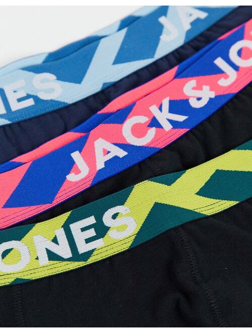 Jack & Jones 3 pack trunks with contrast waistband in black