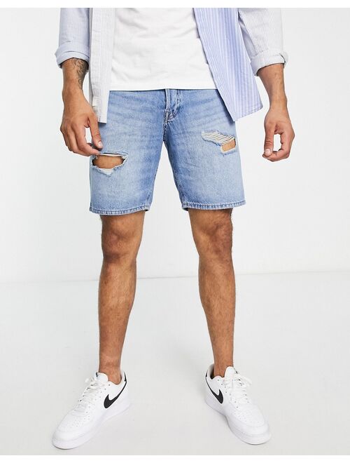 Jack & Jones Intelligence loose fit denim shorts with rips in light blue