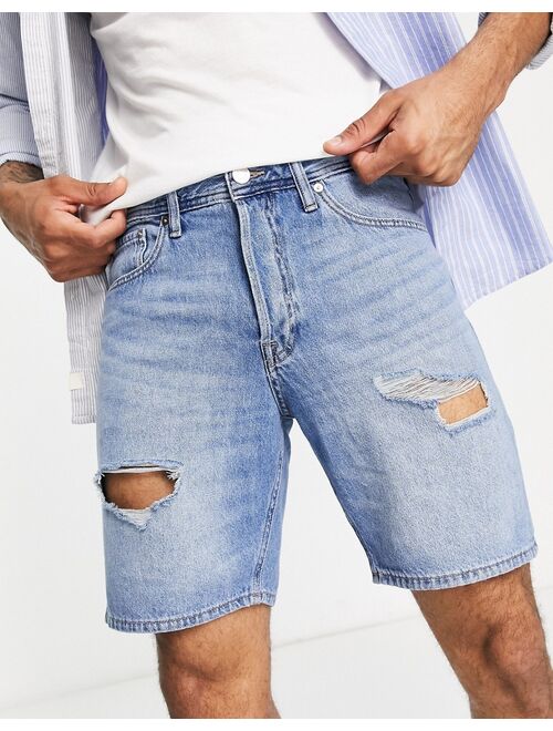 Jack & Jones Intelligence loose fit denim shorts with rips in light blue