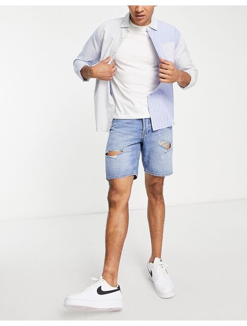 Jack & Jones Intelligence loose fit denim shorts with rips in light blue