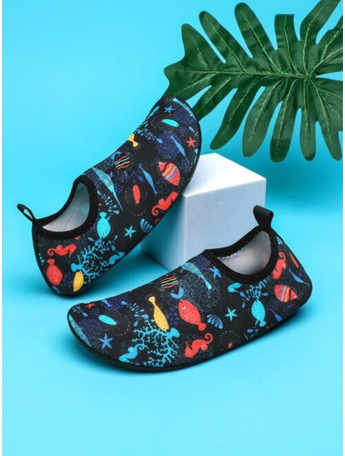 Wisen Shoes Sporty Aqua Socks For Boys, Cartoon Fish Pattern Contrast Binding Water Shoes