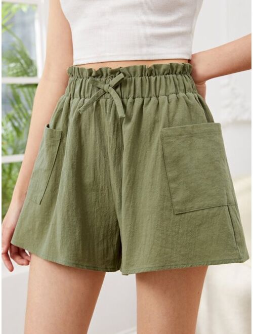 SHEIN Teen Girls Paperbag Waist Knot Front Dual Pocket Shorts