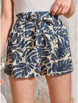 Teen Girls Tropical Print Paperbag Waist Belted Shorts