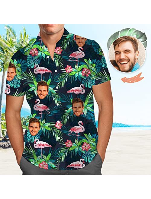 Veelu Mens Hawaiian Shirts Custom Face and Name Hawaiian Shirt Short Sleeve Casual Funky Flower Flamingo Beach Shirts Men's Gifts