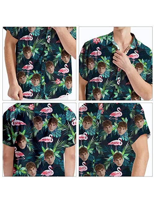 Veelu Mens Hawaiian Shirts Custom Face and Name Hawaiian Shirt Short Sleeve Casual Funky Flower Flamingo Beach Shirts Men's Gifts