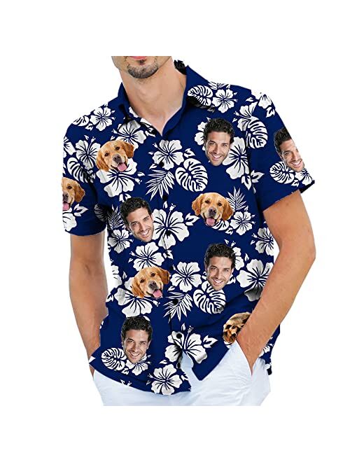 AOUER Custom Hawaiian Shirt with Face Personalized USA Flag Mens Shirts Short Sleeve Customized Funny 4th of July Shirt