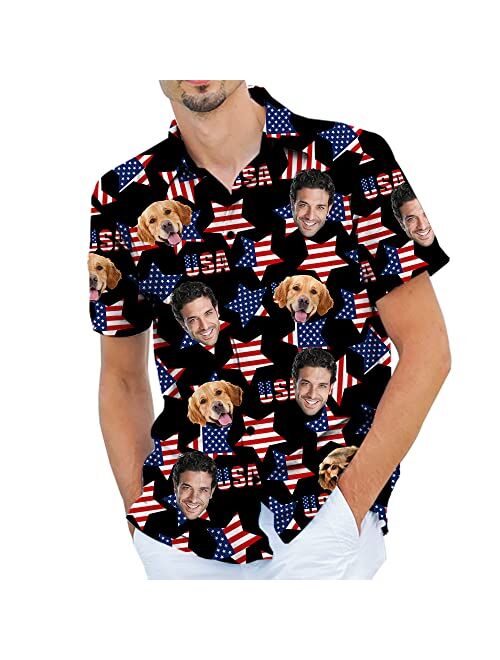 AOUER Custom Hawaiian Shirt with Face Personalized USA Flag Mens Shirts Short Sleeve Customized Funny 4th of July Shirt