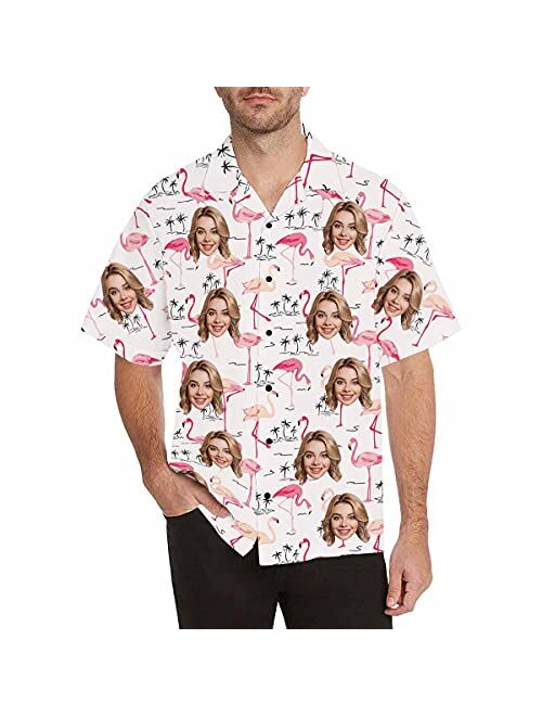 Diykst Custom Flamingo Hawaiian Shirt with Face for Men Personalized Photo Men Aloha Beach Tropical Pineapple Floral Shirts