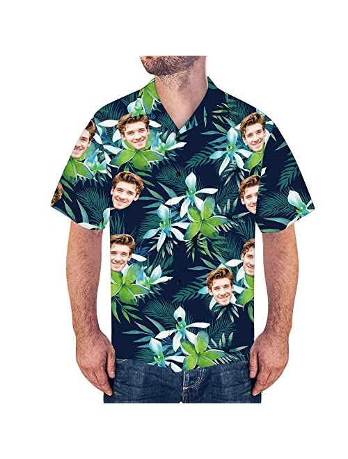 Justyling Custom Photo Face Hawaiian Shirt - Personalized Face Photo Short Sleeve Casual Button Shirt for Men for Summer Beach Party