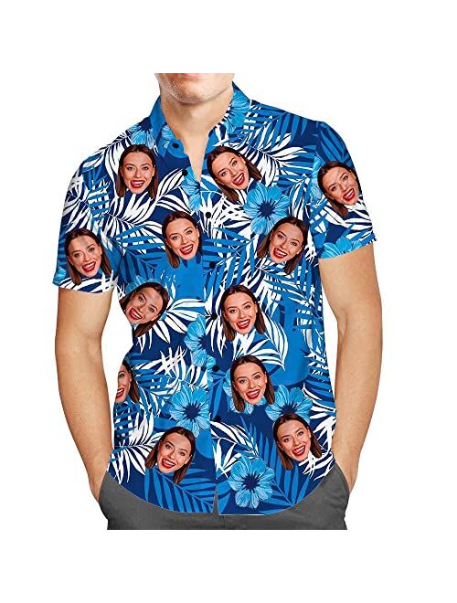 Justyling Custom Photo Face Hawaiian Shirt - Personalized Face Photo Short Sleeve Casual Button Shirt for Men for Summer Beach Party