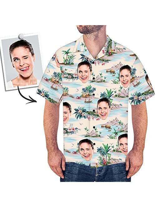 Justyling Custom Photo Face Hawaiian Shirt - Personalized Face Photo Short Sleeve Casual Button Shirt for Men for Summer Beach Party