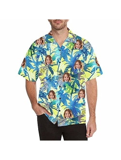 DIYKST Custom Face Hawaiian Shirts for Men Personalized Tropical Flower Palm Leaf Print Short Sleeve Beach Aloha Shirt