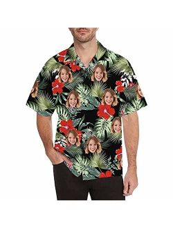 DIYKST Custom Face Hawaiian Shirts for Men Personalized Tropical Flower Palm Leaf Print Short Sleeve Beach Aloha Shirt