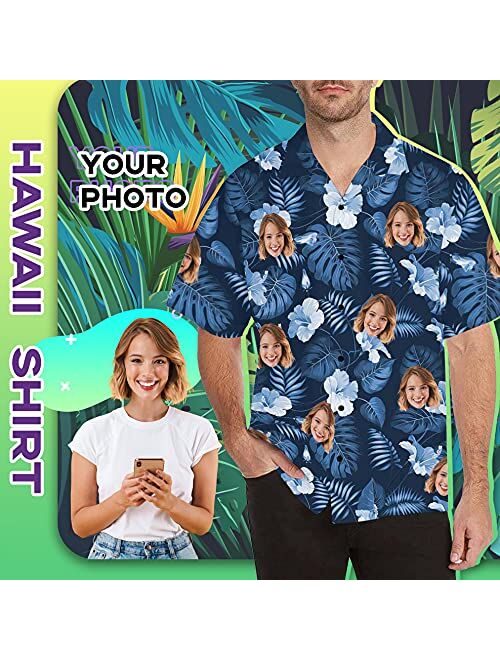 DIYKST Custom Face Hawaiian Shirts for Men Personalized Tropical Flower Palm Leaf Print Short Sleeve Beach Aloha Shirt