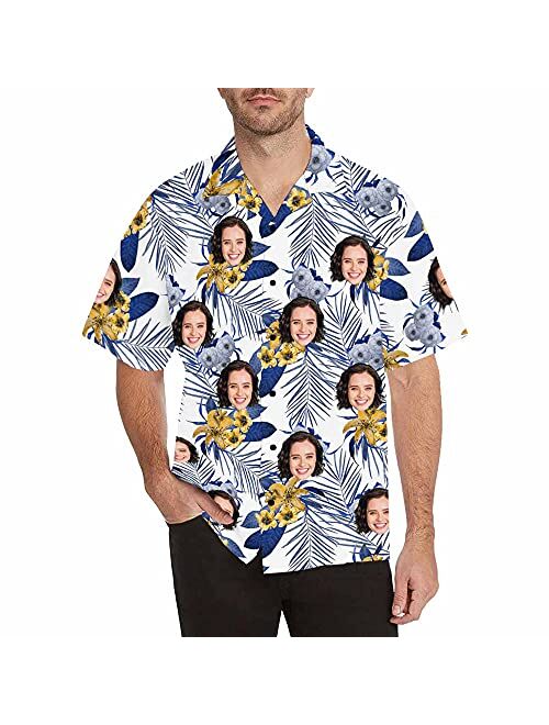 DIYKST Custom Face Hawaiian Shirts for Men Personalized Tropical Flower Palm Leaf Print Short Sleeve Beach Aloha Shirt