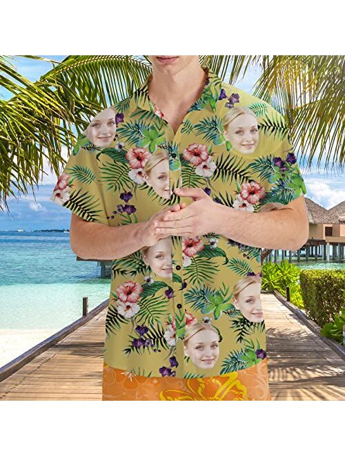 Veelu Custom Face Flamingo Hawaiian Shirt for Men Tropical Floral Shirt Short Sleeve Button Down Shirts Aloha Beach Shirt