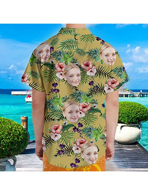 Veelu Custom Face Flamingo Hawaiian Shirt for Men Tropical Floral Shirt Short Sleeve Button Down Shirts Aloha Beach Shirt