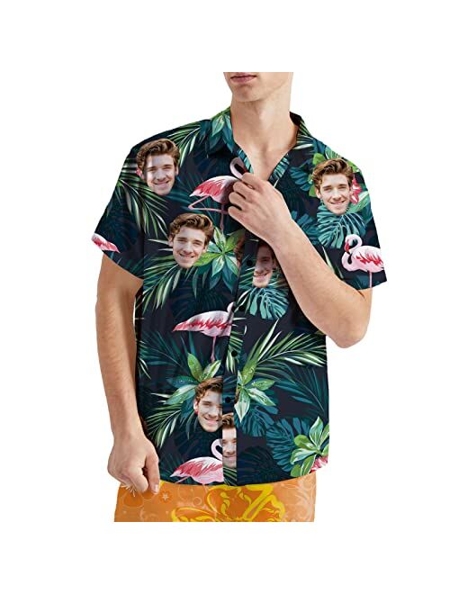 Veelu Custom Face Flamingo Hawaiian Shirt for Men Tropical Floral Shirt Short Sleeve Button Down Shirts Aloha Beach Shirt