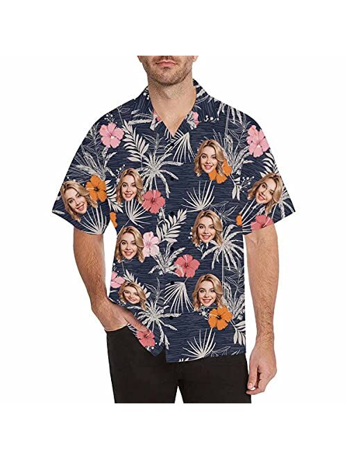 Diykst Custom Tropical Floral Hawaiian Shirt with Face for Men Personalized BF Husbands Photo Men Aloha Beach Fruit Flower Shirts