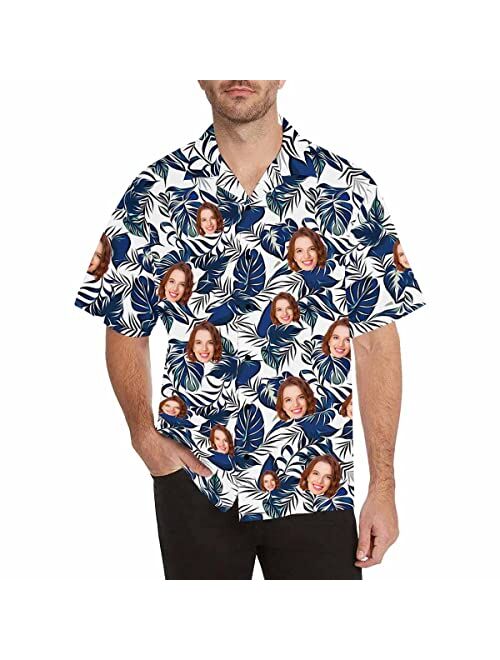 DIYKST Custom Casual Hawaiian Hibiscus Flower Shirt with Face for Men Personalized Photo Beach Tropical Leaf Aloha Shirt