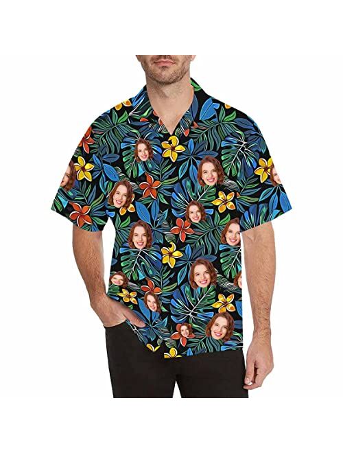 DIYKST Custom Casual Hawaiian Hibiscus Flower Shirt with Face for Men Personalized Photo Beach Tropical Leaf Aloha Shirt