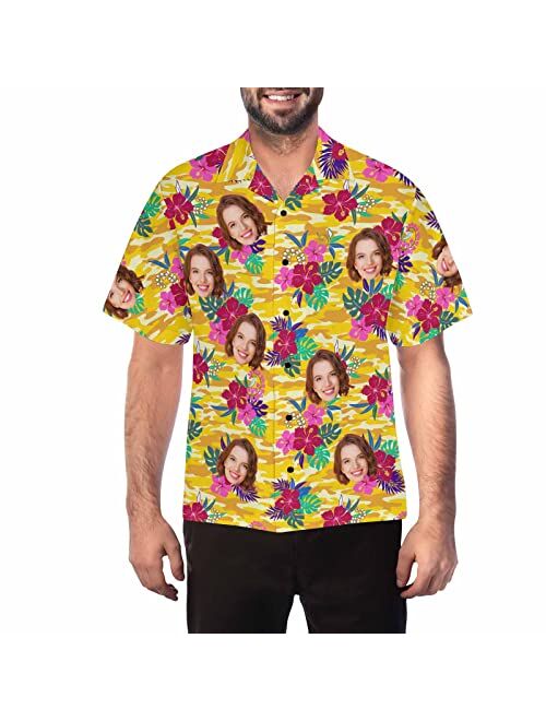 DIYKST Custom Mens Hawaiian Hibiscus Palm Leaf Shirt witth face Personalized Photo Beach Tropical Floral Aloha Shirt