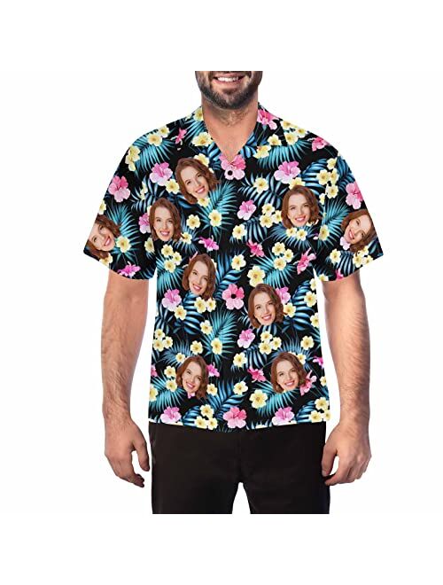 DIYKST Custom Mens Hawaiian Hibiscus Palm Leaf Shirt witth face Personalized Photo Beach Tropical Floral Aloha Shirt