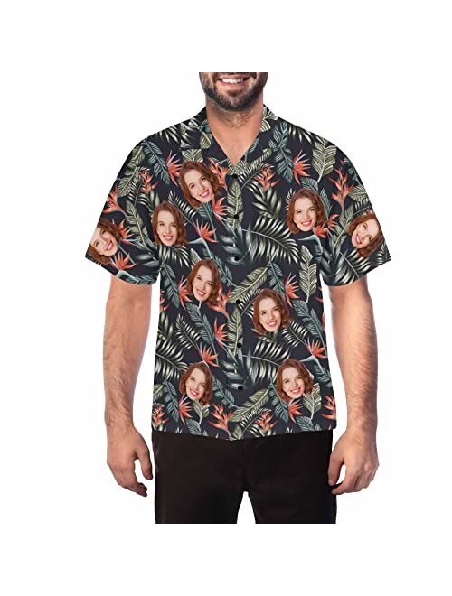 DIYKST Custom Mens Hawaiian Hibiscus Palm Leaf Shirt witth face Personalized Photo Beach Tropical Floral Aloha Shirt