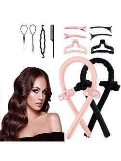 Yongkaida Heatless Hair Curler - Heatless curls - 2 Set Heatless Curling Rod Headband - Satins Heatless Hair Curler To Sleep In (Black and Pink)