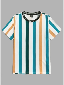 Men Letter Tape Neck Striped Tee