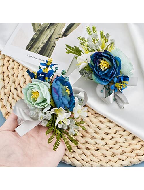 URROMA Boutonnieres and Corsages, 2 Pcs Blue Corsage Flower Wrist Corsage and Boutonniere Set Flowers Accessories for Wedding Prom Men and Women Decoration