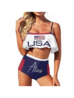 InterestPrint Women Customized Faces Two Piece Swimsuit Shoulder Ruffle Bathing Suits Personalized Printing Bikini Set