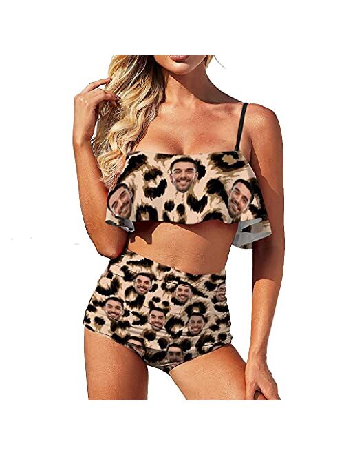 InterestPrint Women Customized Faces Two Piece Swimsuit Shoulder Ruffle Bathing Suits Personalized Printing Bikini Set