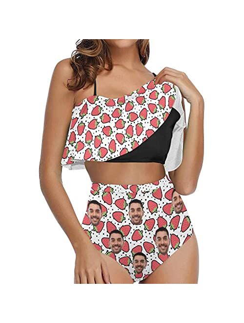 InterestPrint Women Customized Faces Two Piece Swimsuit Shoulder Ruffle Bathing Suits Personalized Printing Bikini Set