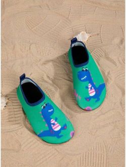 JackRabbitBear Shoes Sporty Green Aqua Socks For Boys, Cartoon Dinosaur Pattern Contrast Binding Fabric Water Shoes