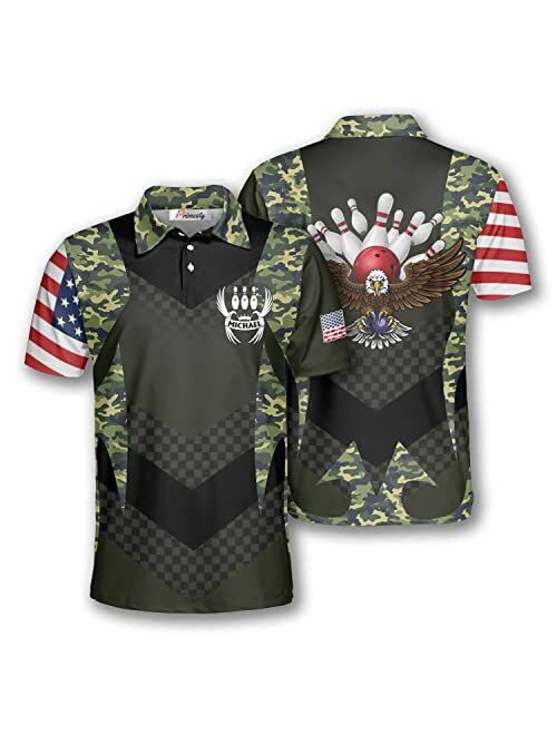 PRIMESTY Custom Bowling Shirts for Men, Patriotic American Flag Bowling Jerseys, Personalized Bowling Polo Shirts