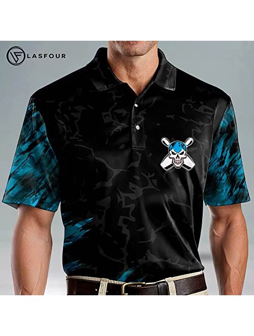 LASFOUR Custom Skull Bowling Shirts for Men, Men's Bowling Shirts Short Sleeve Polo, Crazy Bowling Team Shirts