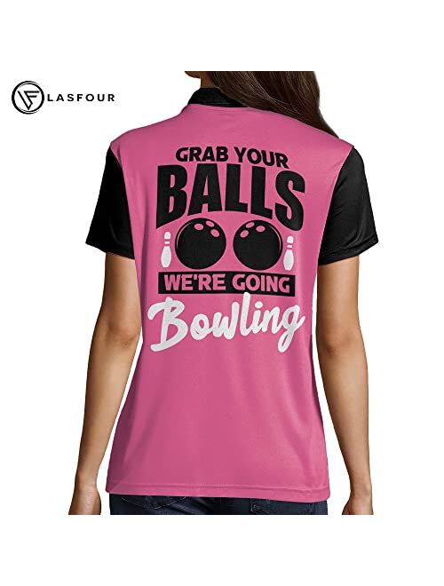 LASFOUR Personalized 3D Funny Bowling Shirts for Women, Custom Bowling Team Shirts for Women, Women Bowling Jerseys