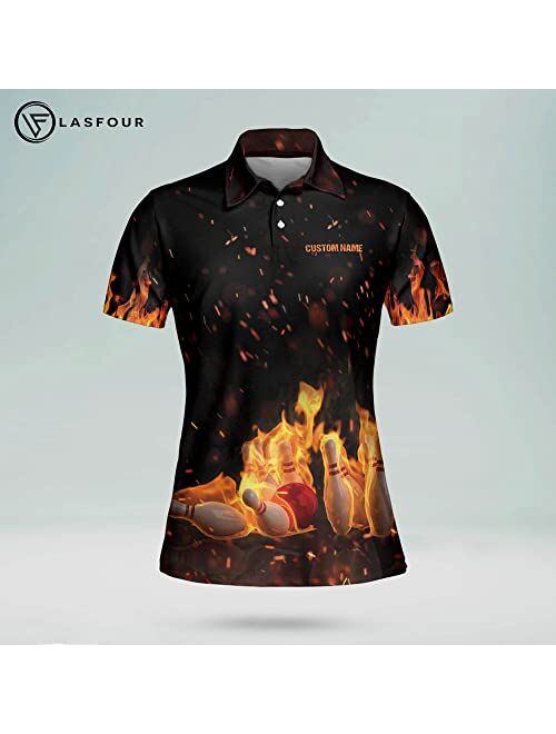 LASFOUR Personalized 3D Bowling Shirts for Women, Custom Quick-Dry Bowling Shirts Short Sleeve Polo for Girls