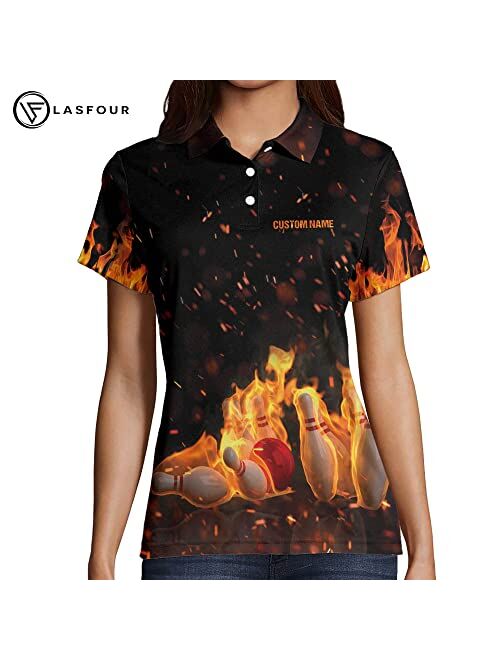 LASFOUR Personalized 3D Bowling Shirts for Women, Custom Quick-Dry Bowling Shirts Short Sleeve Polo for Girls