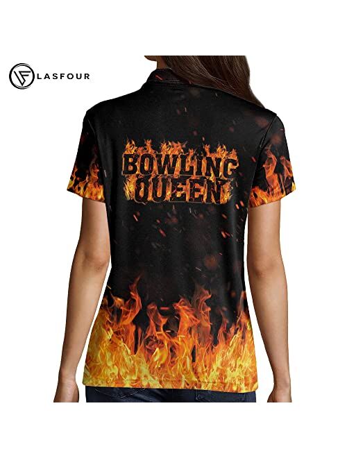 LASFOUR Personalized 3D Bowling Shirts for Women, Custom Quick-Dry Bowling Shirts Short Sleeve Polo for Girls