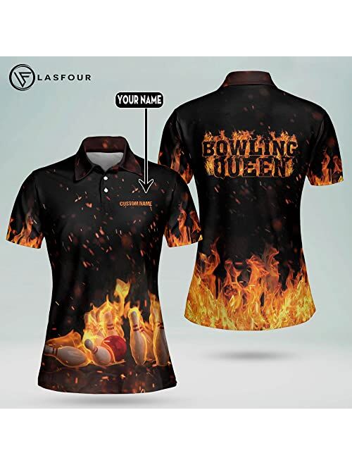 LASFOUR Personalized 3D Bowling Shirts for Women, Custom Quick-Dry Bowling Shirts Short Sleeve Polo for Girls